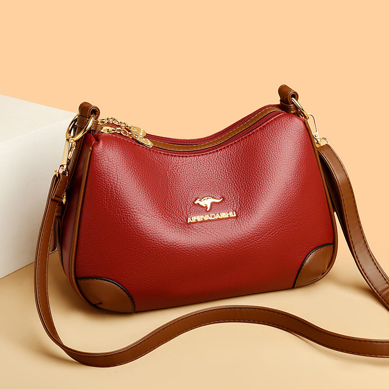 2024 New Women'S Kangaroo Single Shoulder Crossbody Bag, Soft Leather, Multi-Compartment, Easy And Versatile with Large Capacity for Moms