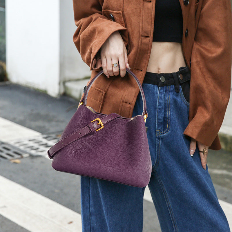 Women Mini Bucket Bag Top Layer Cowhide Handbag Crossbody Bag Small Commuter Basket Bag