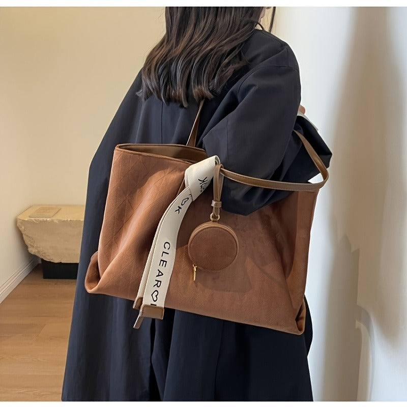 Large Capacity Retro Easy Wind Zipper Open And Close Shoulder Bag Made of Korean Corduroy, Perfect for Daily Use, Shopping, And Casual Outings. This Solid Color Tote Is Ideal for Commuting And Running Errands