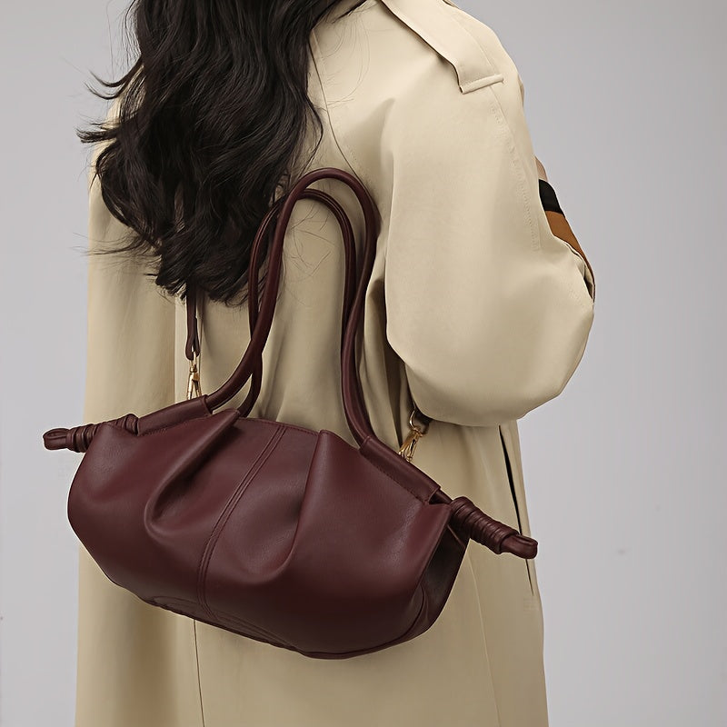 Women' Large Capacity Soft Synthetic Leather Tote Bag with Adjustable\u002FDetachable Crossbody Strap - Vintage Minimalist Cloud Dumpling Shoulder Purse, Zipper Closure Suitable for Commuting,,, Travel, Wine Color &